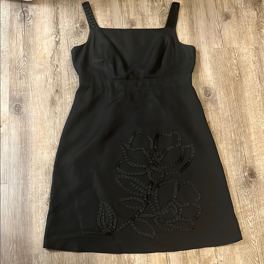 Donna Ricco New York Chic Black Midi Dress with Floral Accents, fully lined